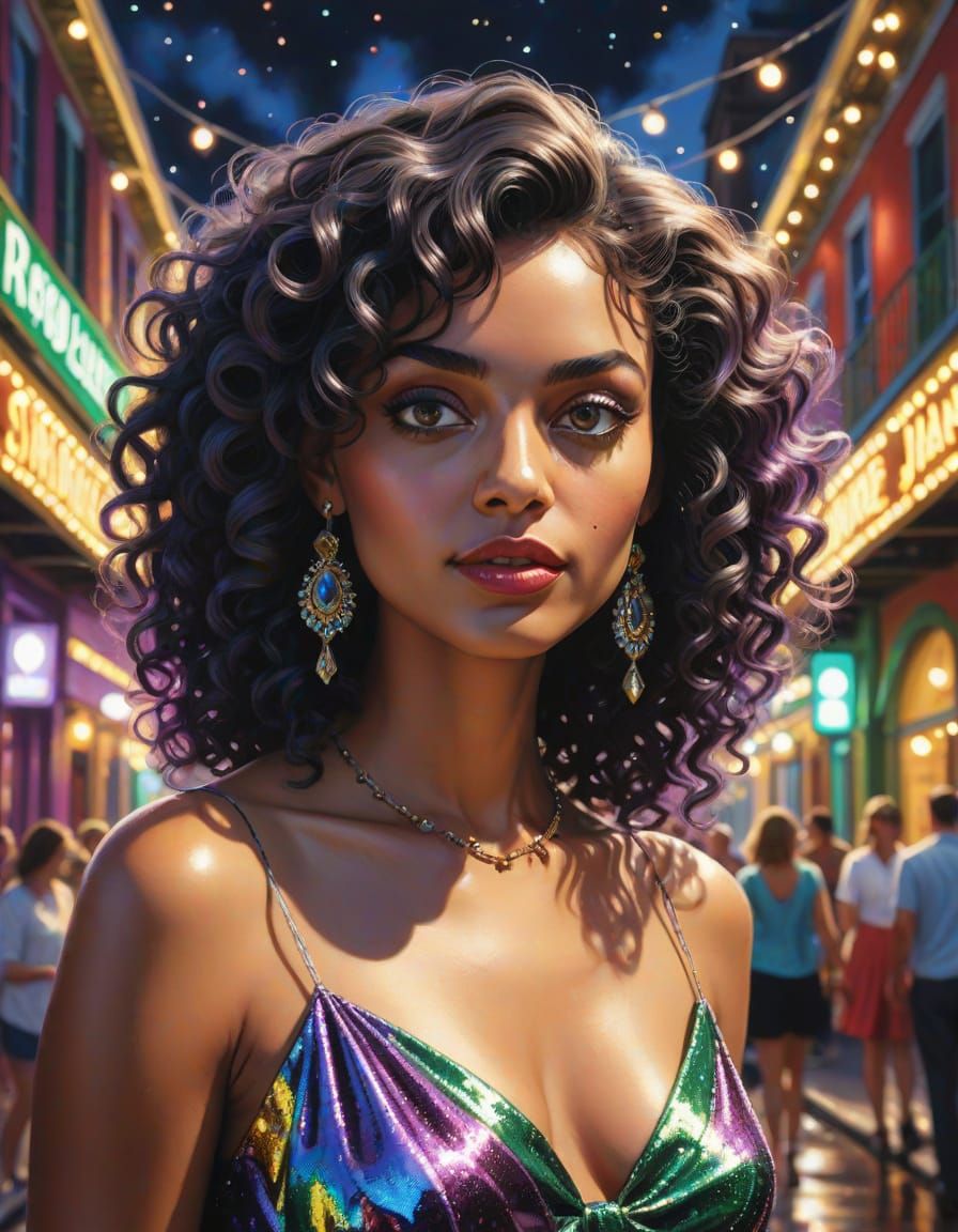Hyper-Realistic Fashionista in Vibrant Mardi Gras Setting