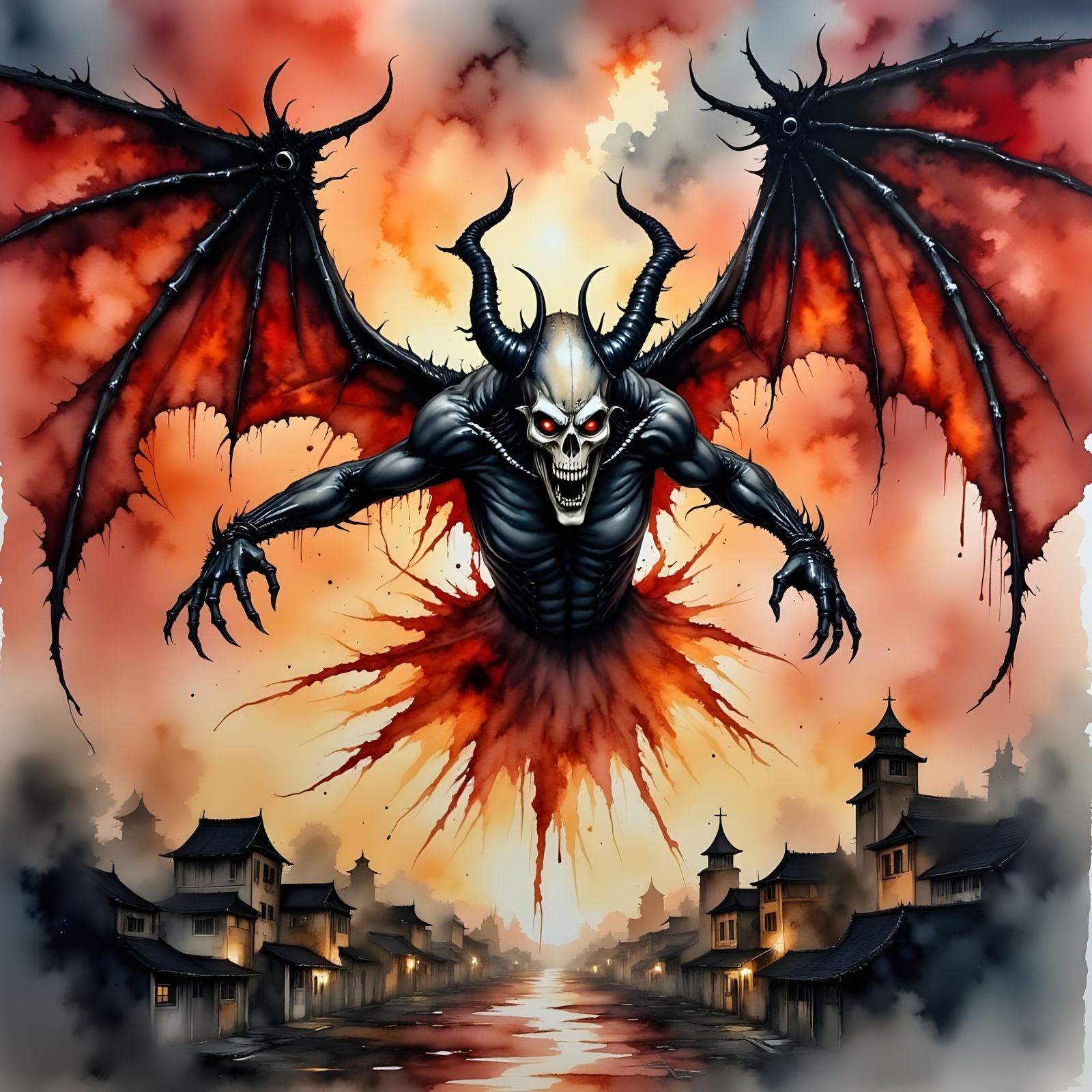 Cyberpunk Demon Reigns Over a Blood-Red Cityscape