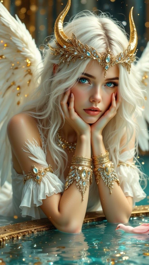 Otherworldly Woman with White Hair and Angel Wings