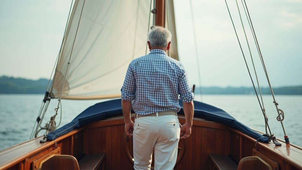 Man Sails Wooden Boat on Lake Constance
