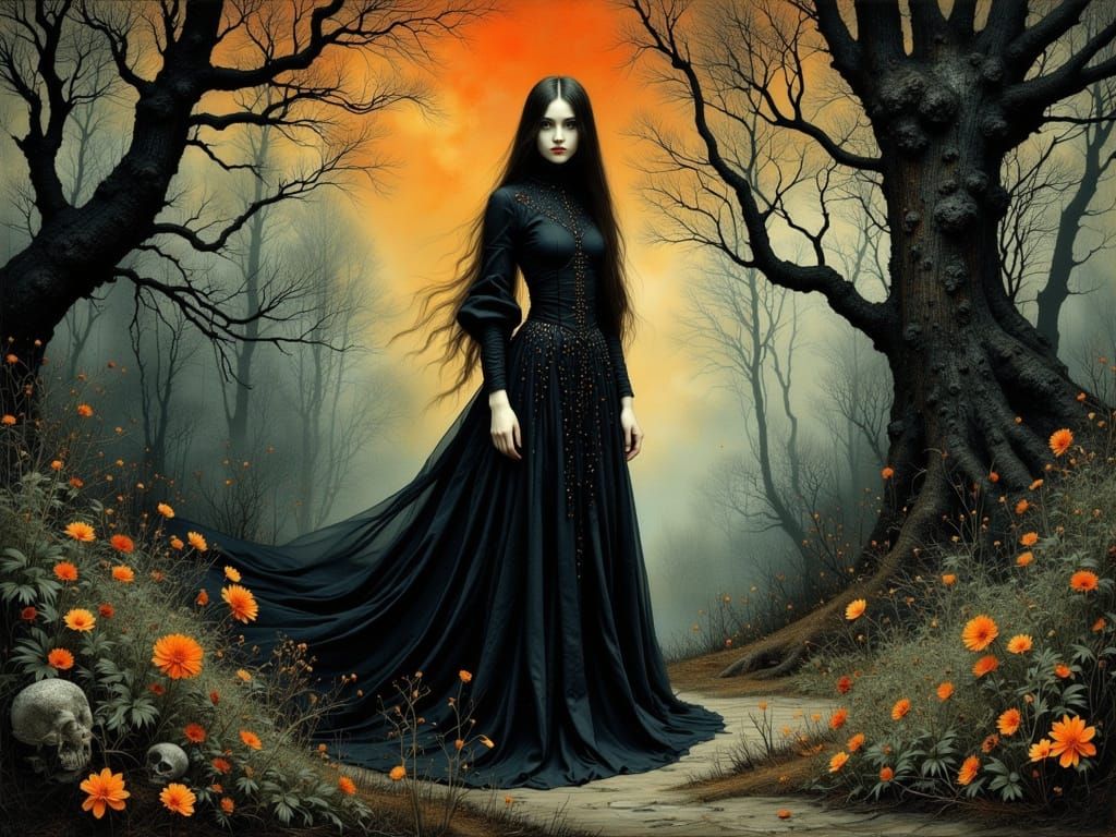 Gothic Woman Portrait in Surreal Forest Setting