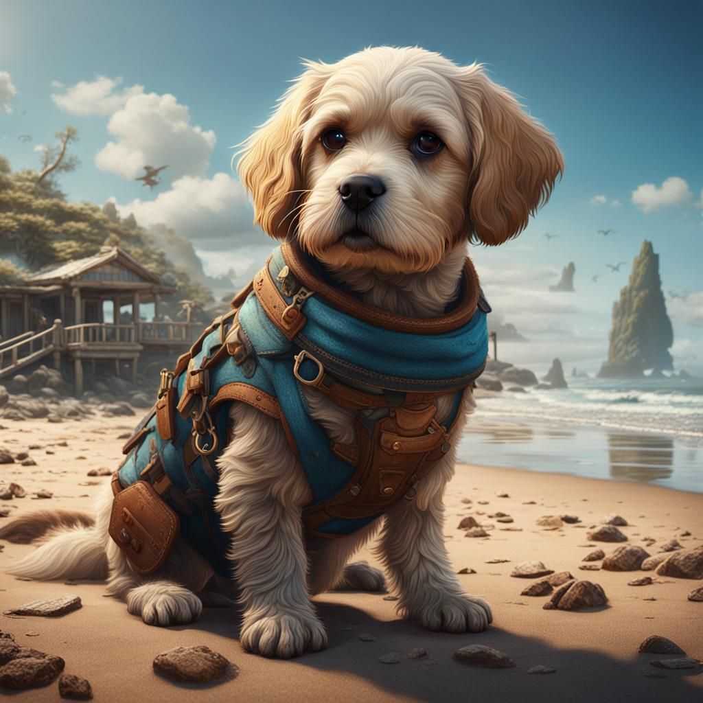 Sad Dog on Beach in Detailed Matte Painting