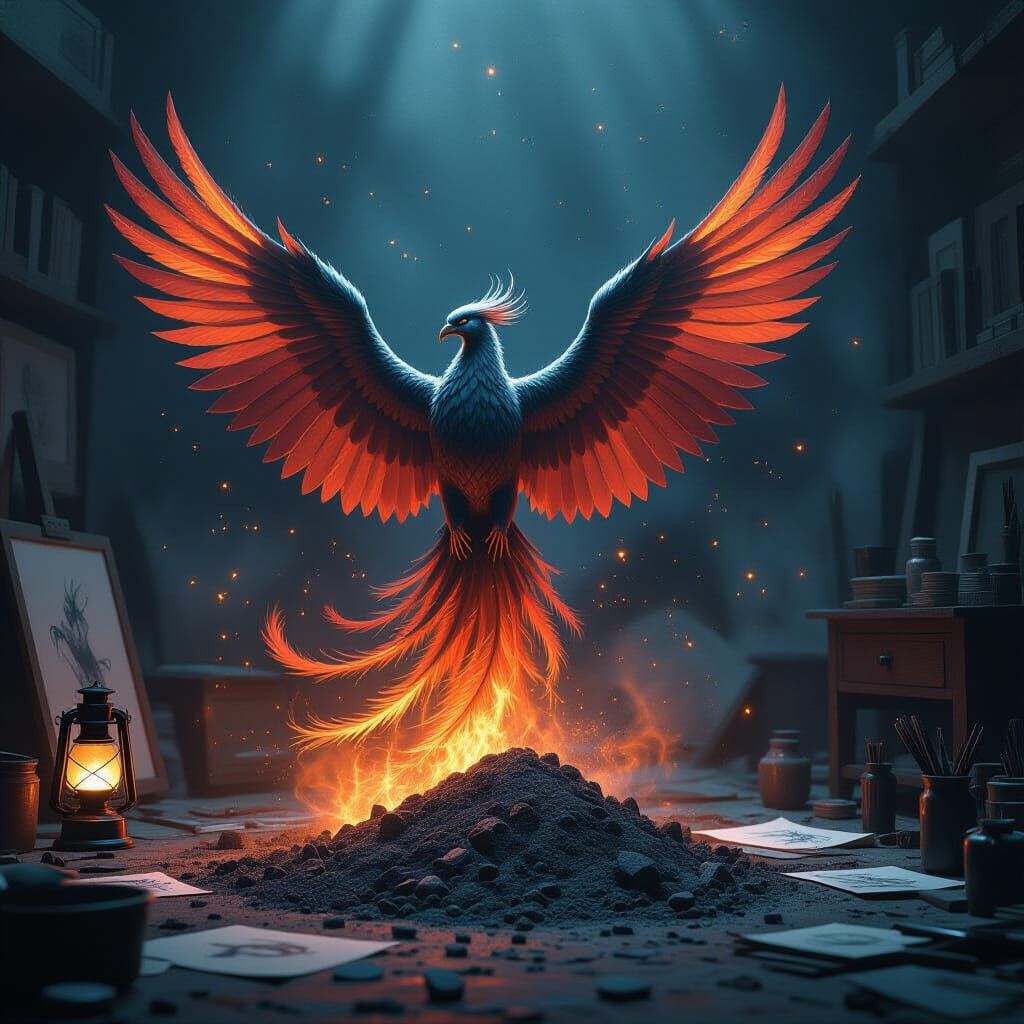 Phoenix of Graphite Dust Rises in Dim Studio