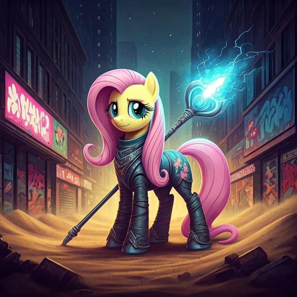 Cyberpunk Sand Mage Fluttershy in Vibrant Cityscape