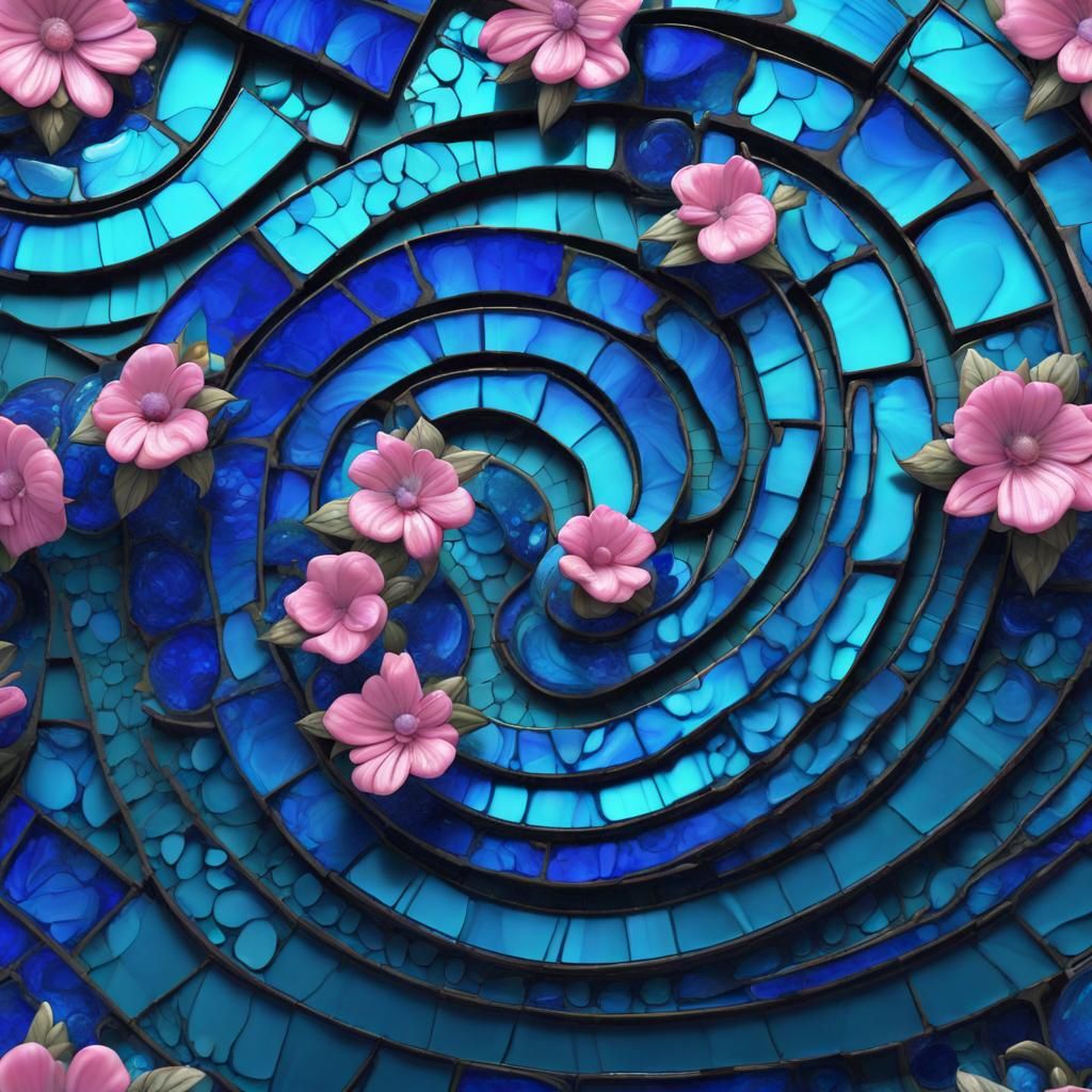 Spiraling Royal Blue Mosaic with Pink Floral Accents