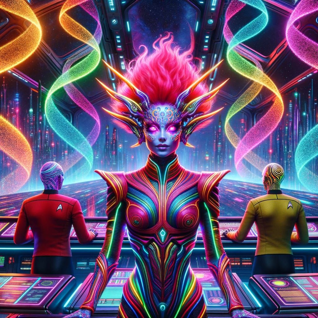 Cyberpunk Captain with Spinosaur Officers on Spaceship Bridg...