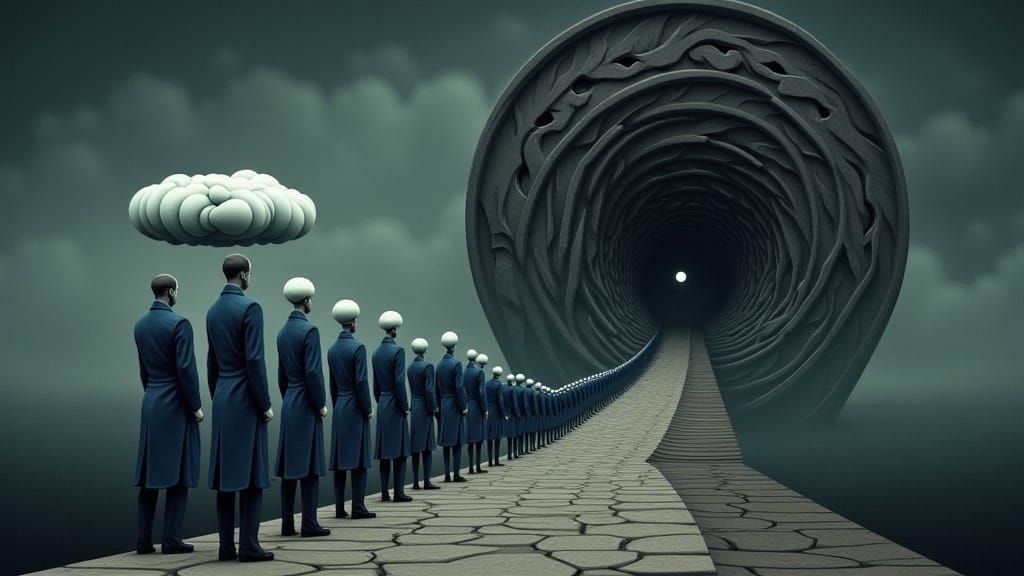 Surreal Blue Men and Machine in Beksiński Style