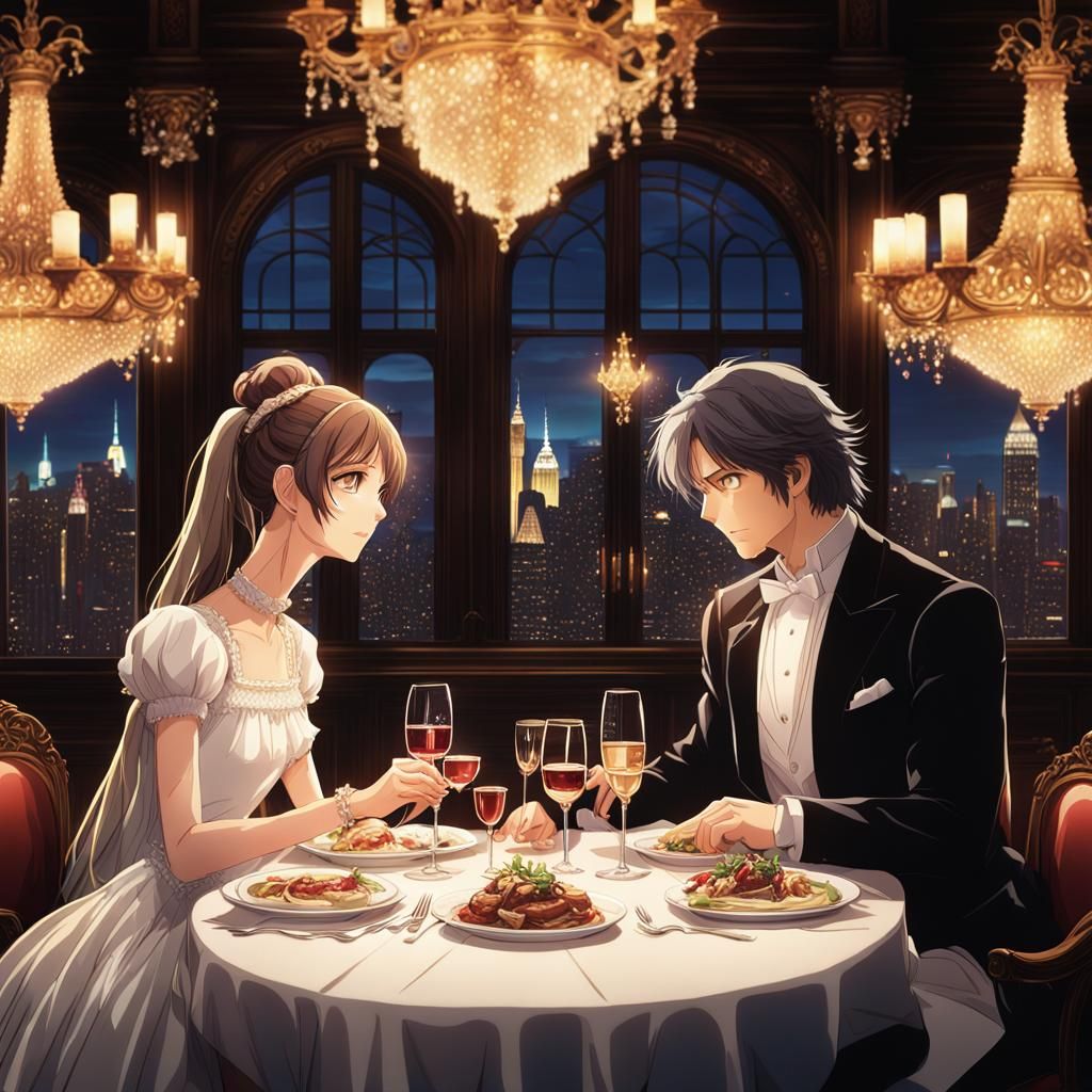Romantic 80s Italian Dinner in Anime Style