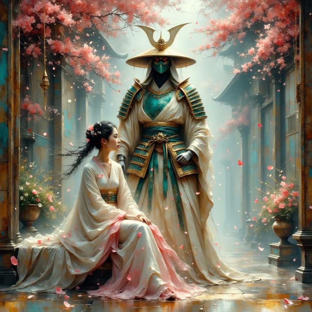 Surreal Japanese Fantasy: Woman on Throne, Samurai Guard