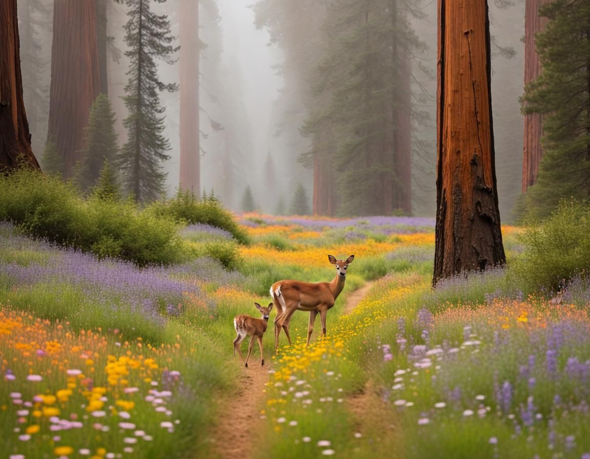 California Wildflower Field with Redwood Forest