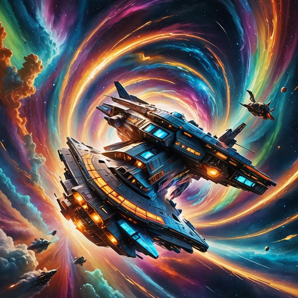 Sleek Spaceship Hurtles Through Intergalactic Vortex