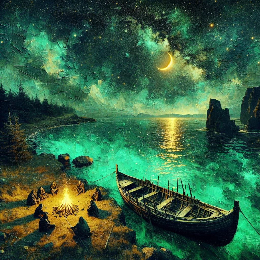 Icelandic Druids by Campfire: Impressionist-Style Painting