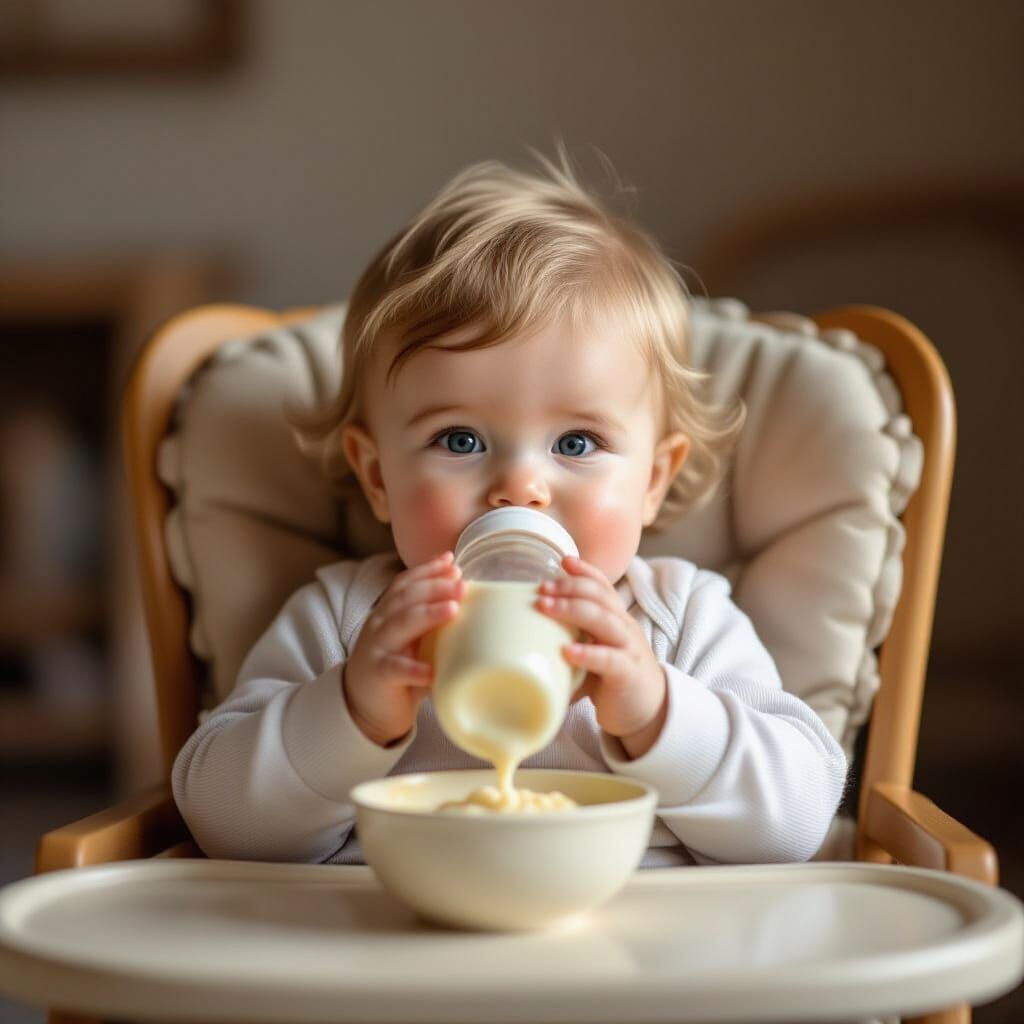 Blond Baby Enjoying Porridge in Small Chair
