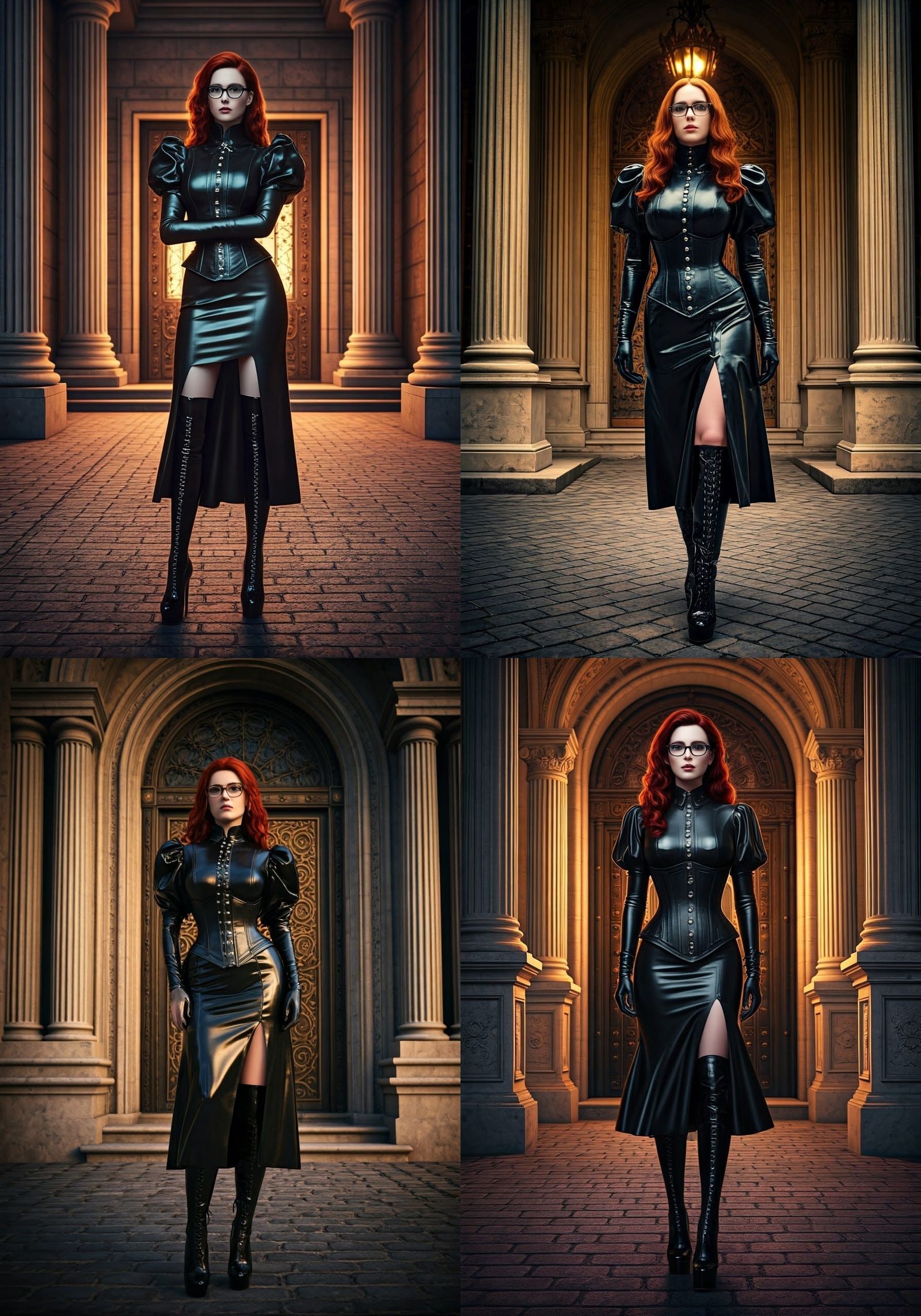 A tall woman with glasses stands confidently on a stone-paved street, flanked by grand columns that support an ornate fa...