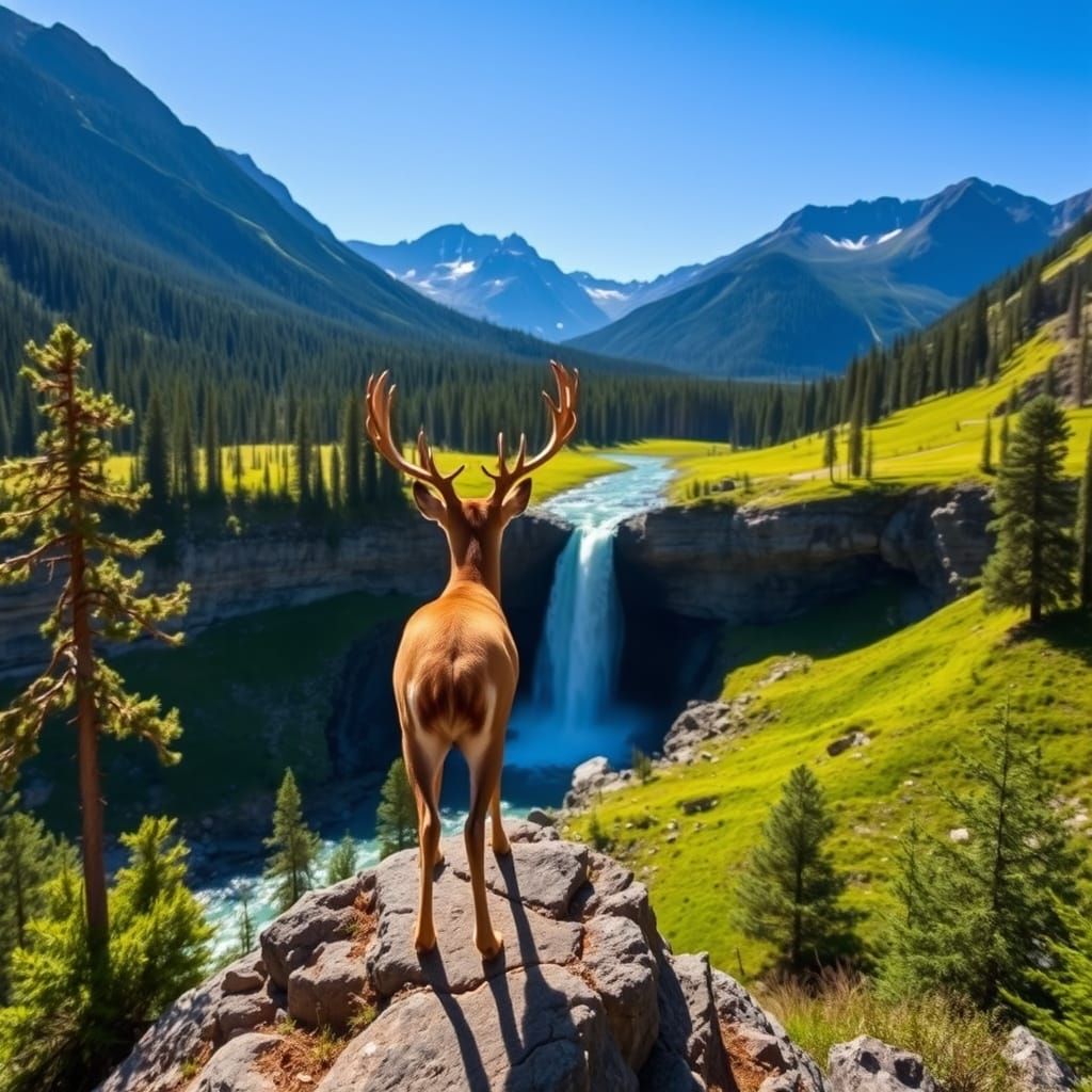 Majestic Deer Surveys Vibrant Waterfall Scene in Nature