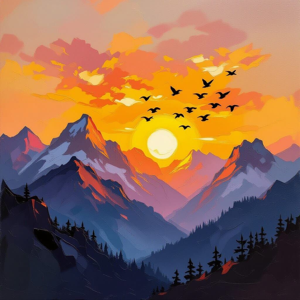 Majestic Mountains at Sunrise Impasto Oil Painting