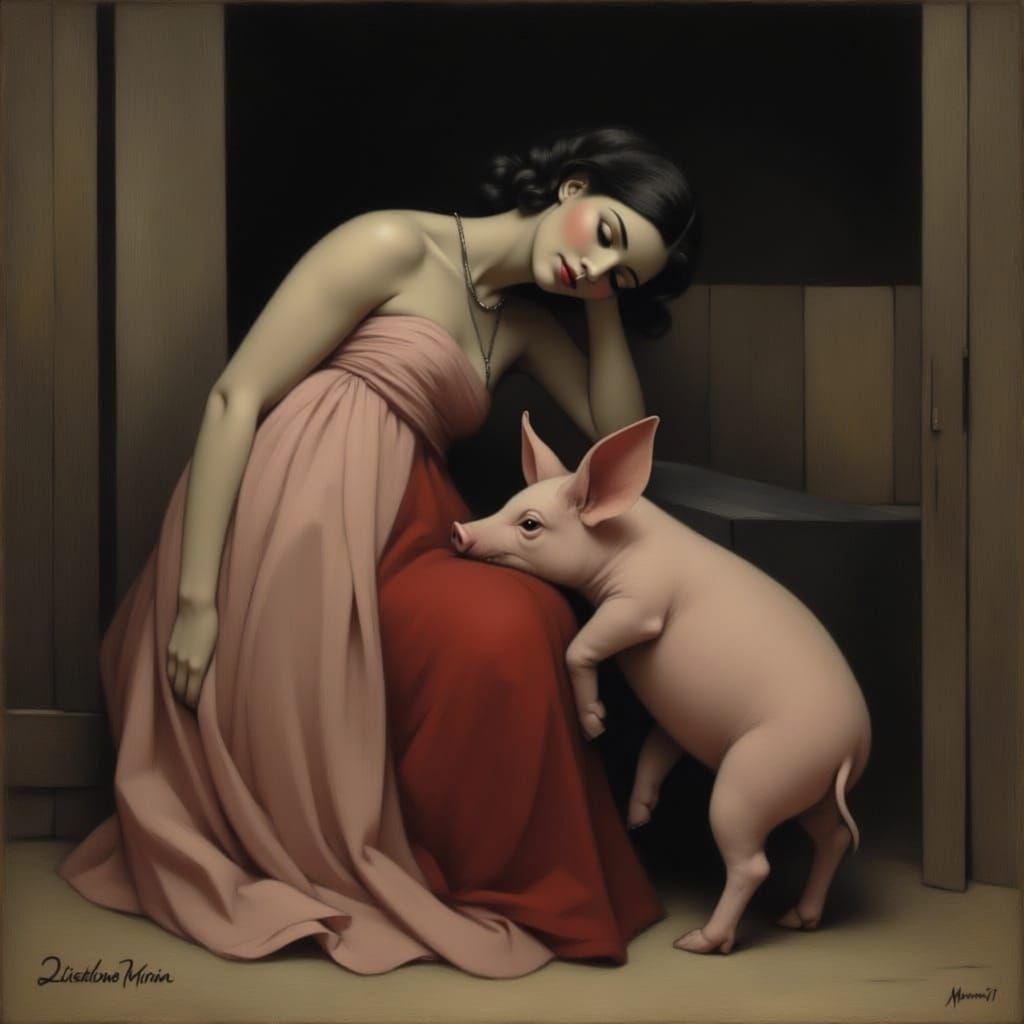 Woman in Evening Dress Cuddles Piglet in Barn