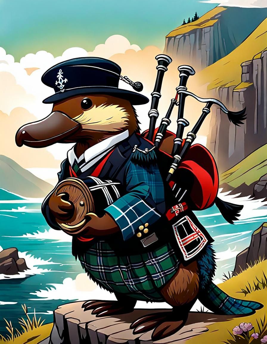 Scottish Platypus Piper on Highland Cliff, Illustrated Style