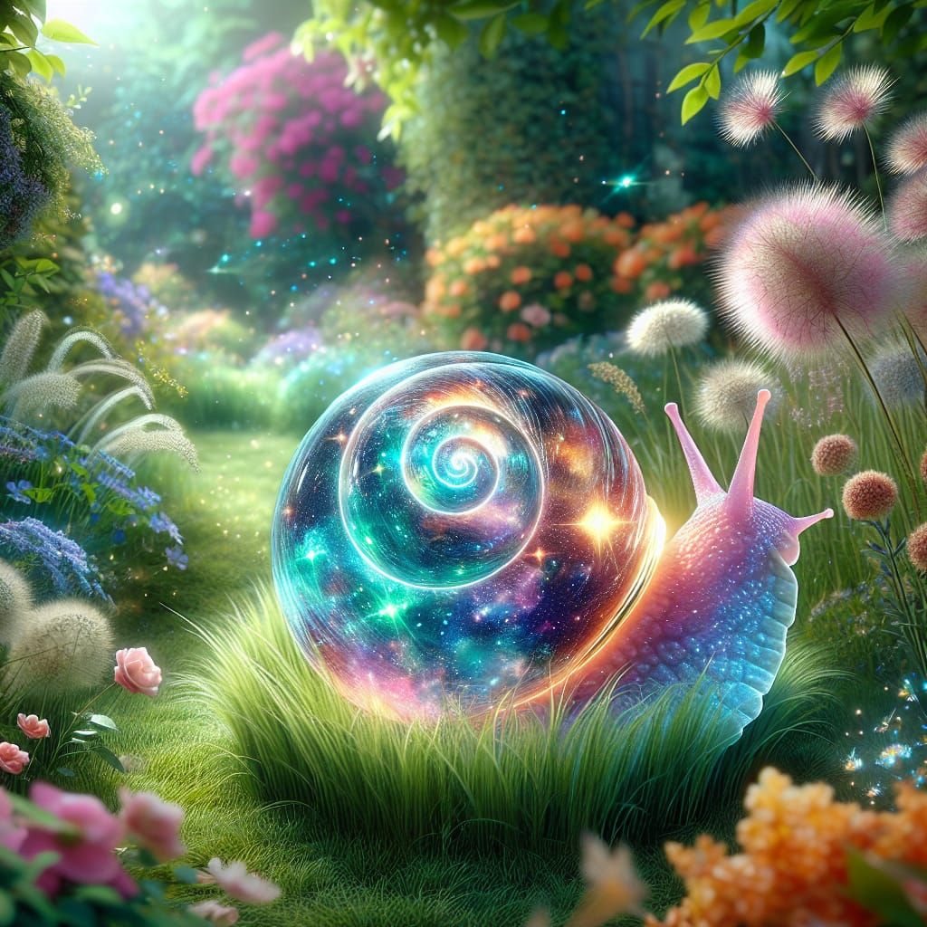 Cosmic Galaxy Snail in Iridescent Garden Scene