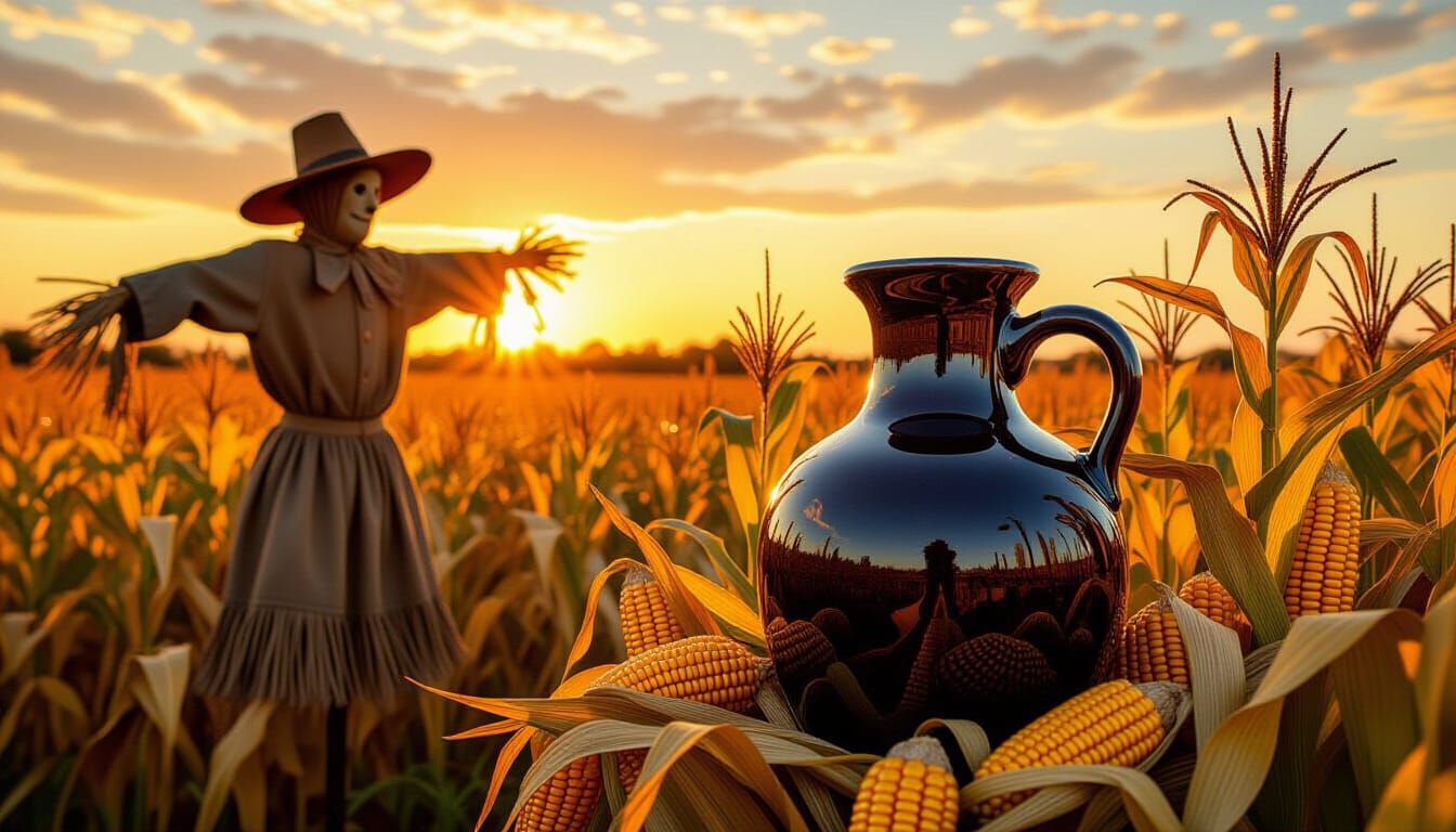 Vintage Whisky Jug in Autumn Corn Field with Scarecrow, Alco...