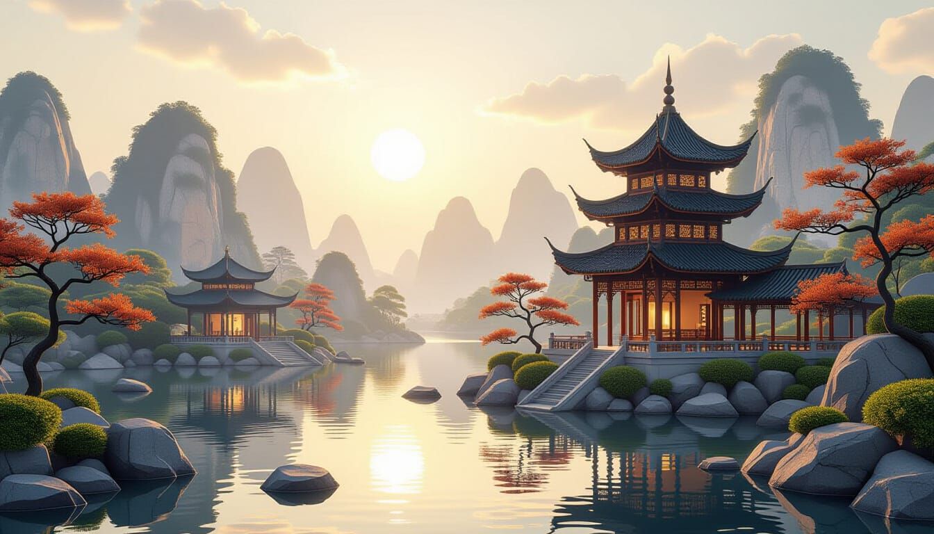 Tranquil Chinese Landscape in 3D Gemstone Palette