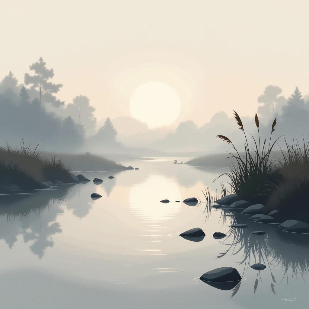Pale Reflection in Misty River, Digital Painting