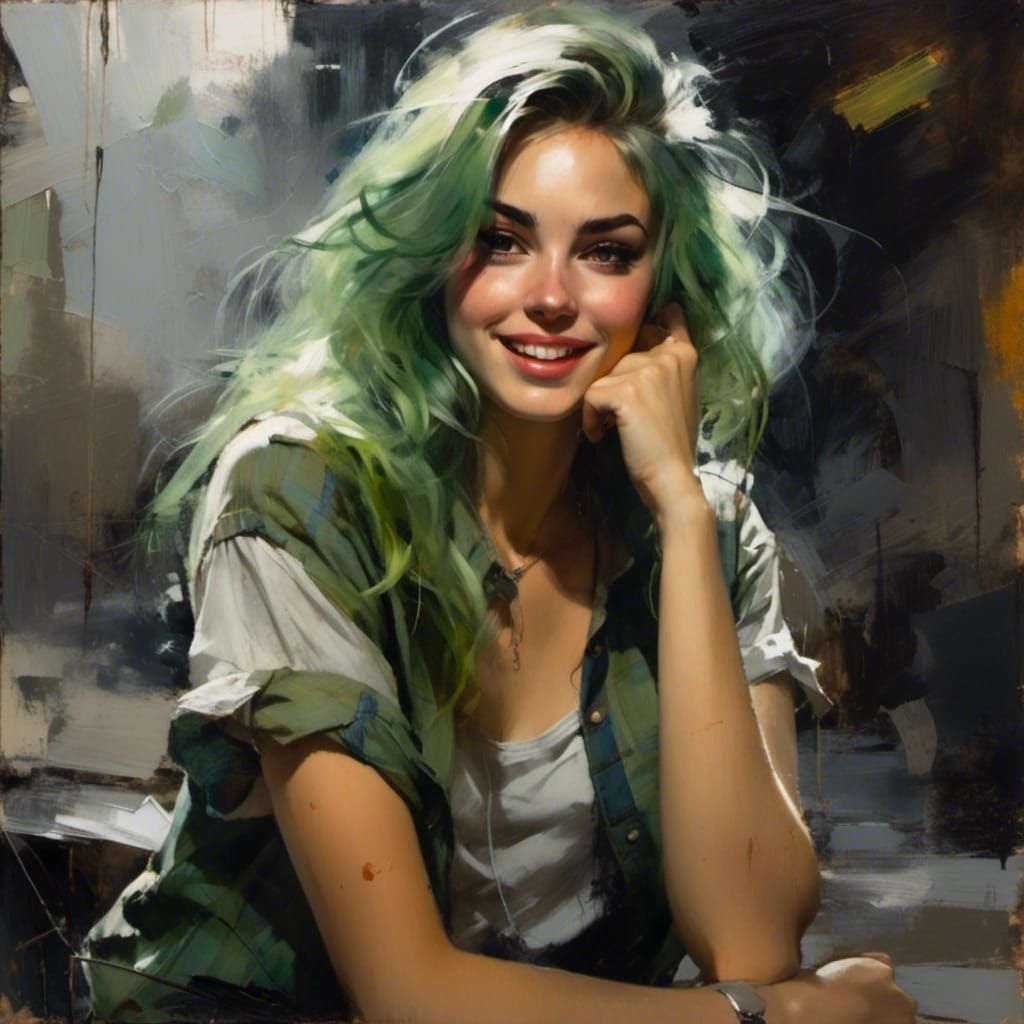 Beautiful Woman with Green Hair in Photorealistic Style