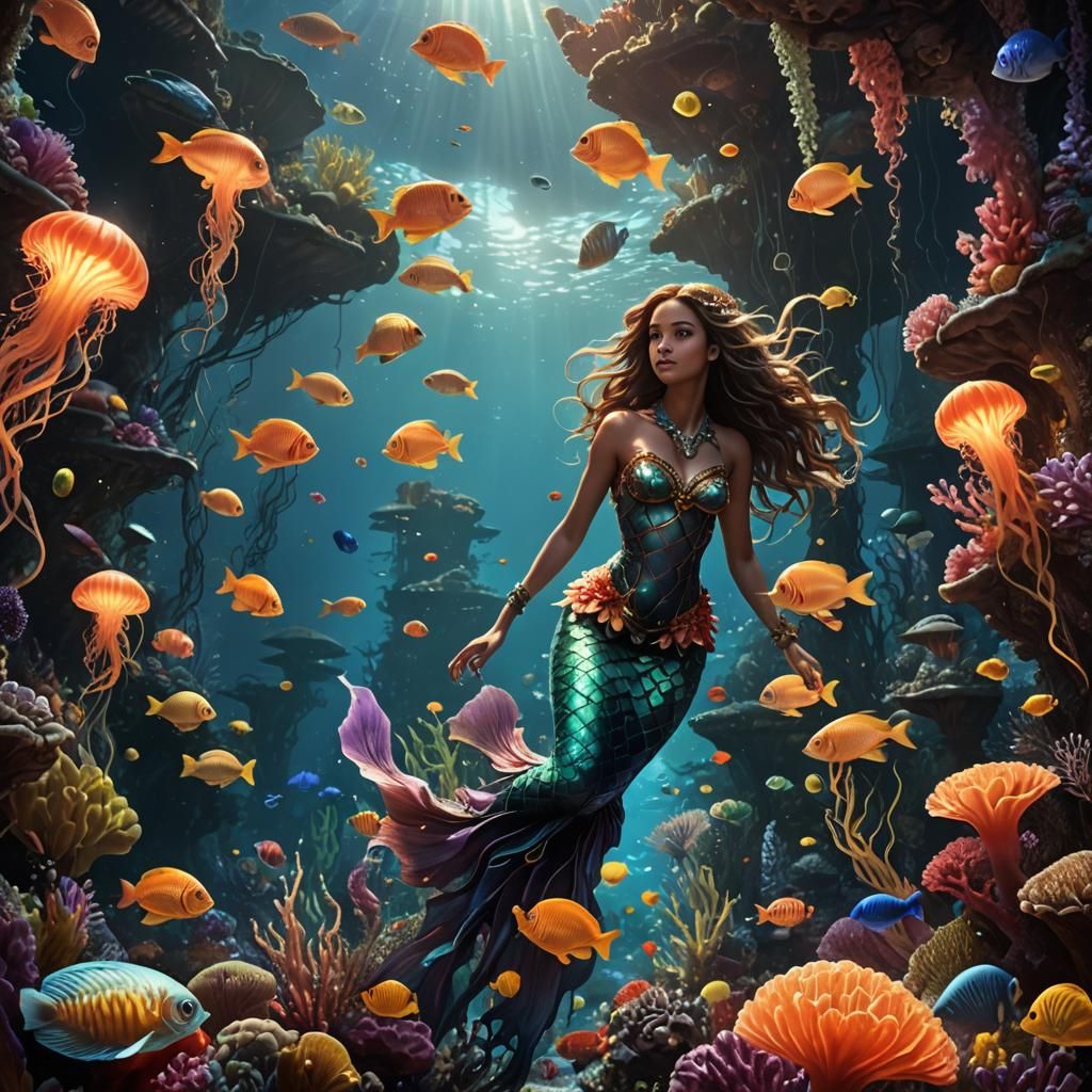 Mermaid in Coral Reef: Baroque Digital Painting