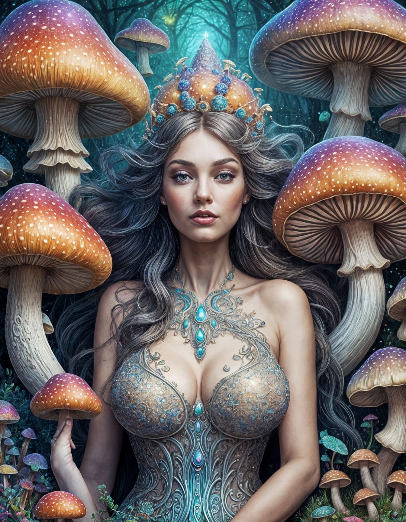 Vibrant Goddess Queen of Mushrooms in Ethereal Fantasy Art