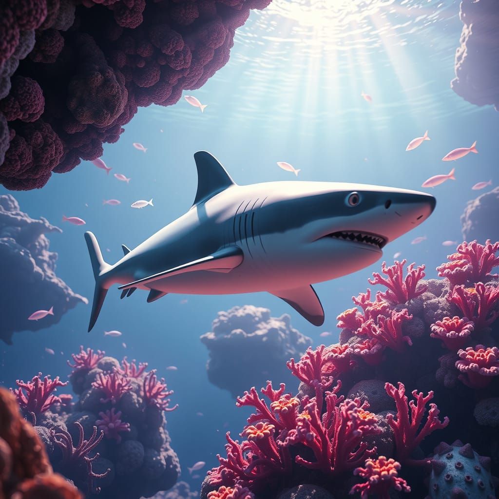 Majestic White Shark in Vibrant Coral Reef, 8K