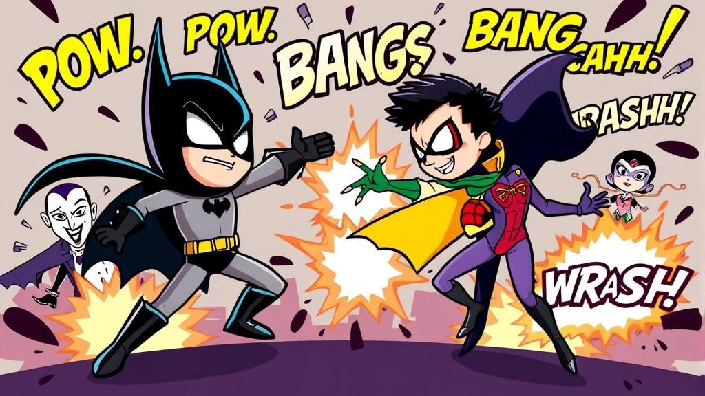 (Cartoon Batman And Robin Fighting Villains Joker Penguin Ca...