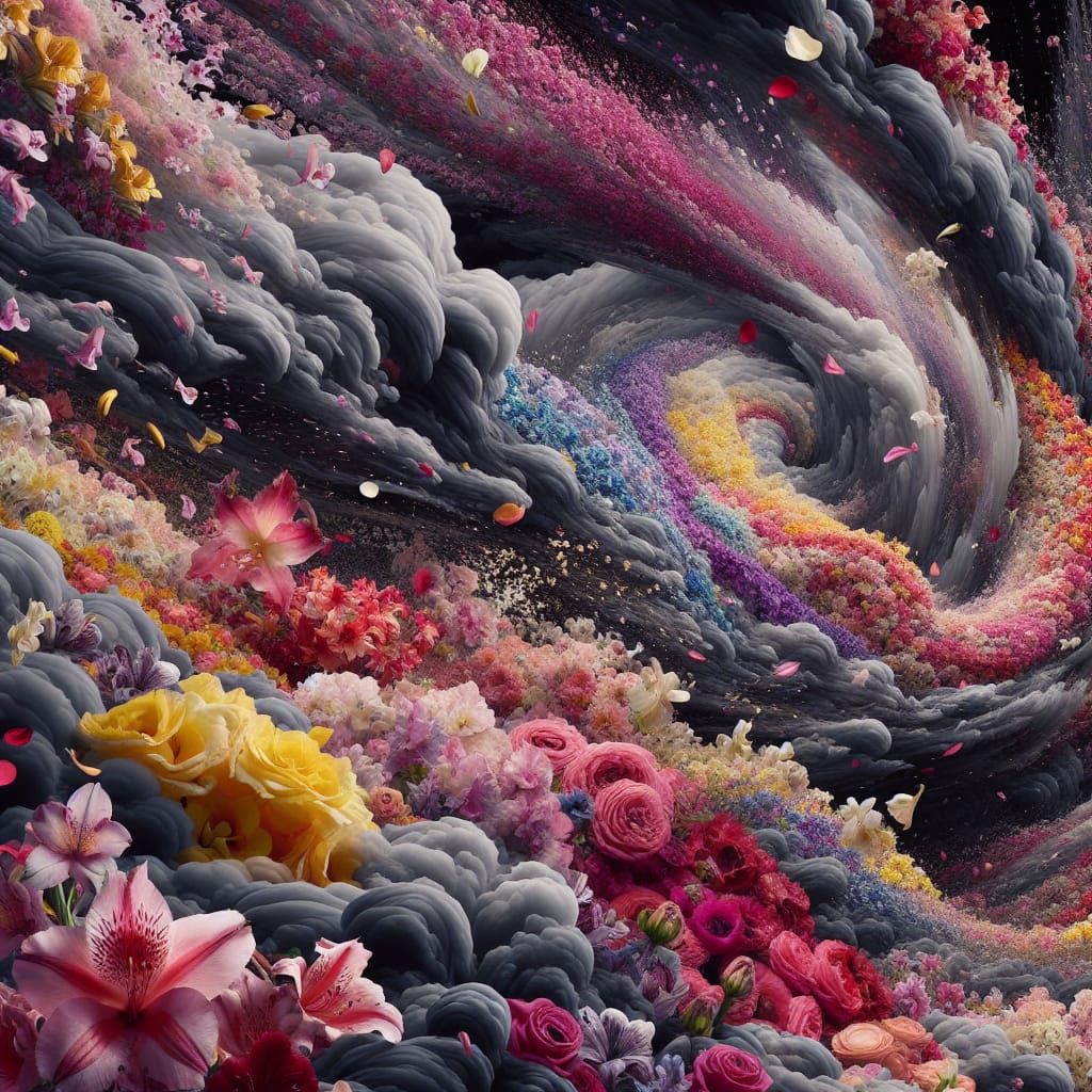 Whirlwind of Pastel Petals in a Dark Gray Storm Sky