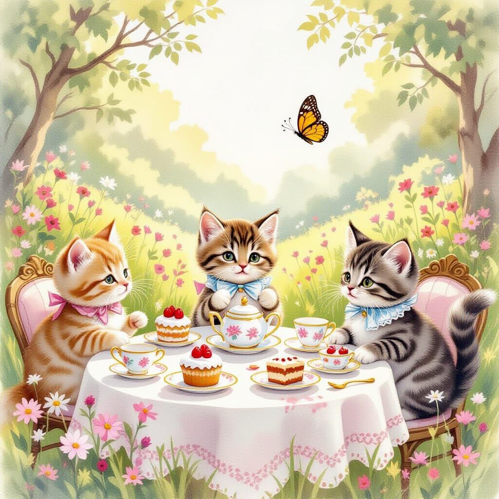 Kitten Tea Party in Watercolor Style