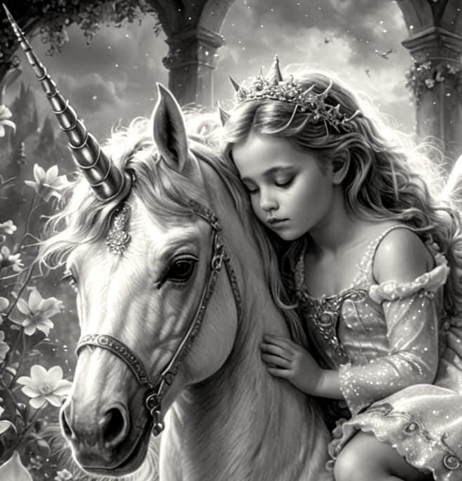 Baby Princess Sleeping with Unicorn: Hyperrealistic Fantasy