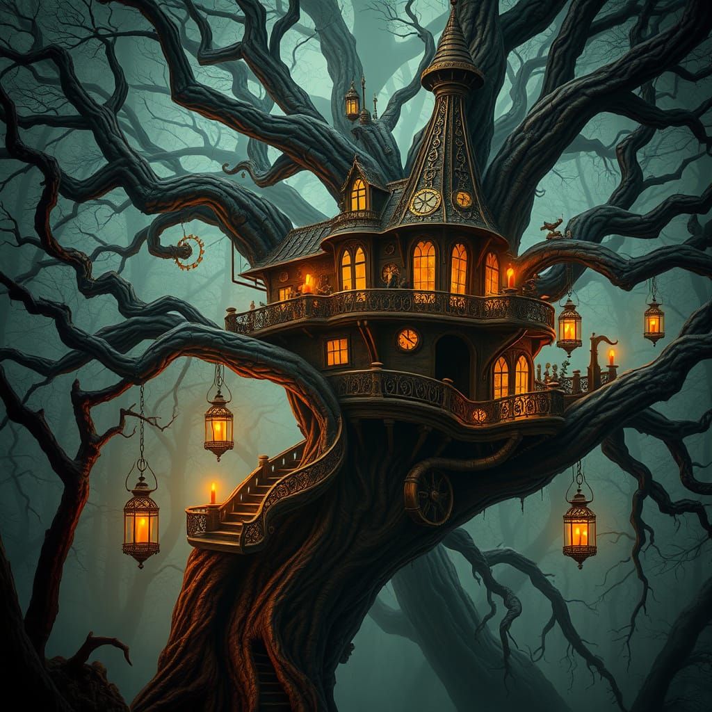 Steampunk Treehouse in a Gothic Forest