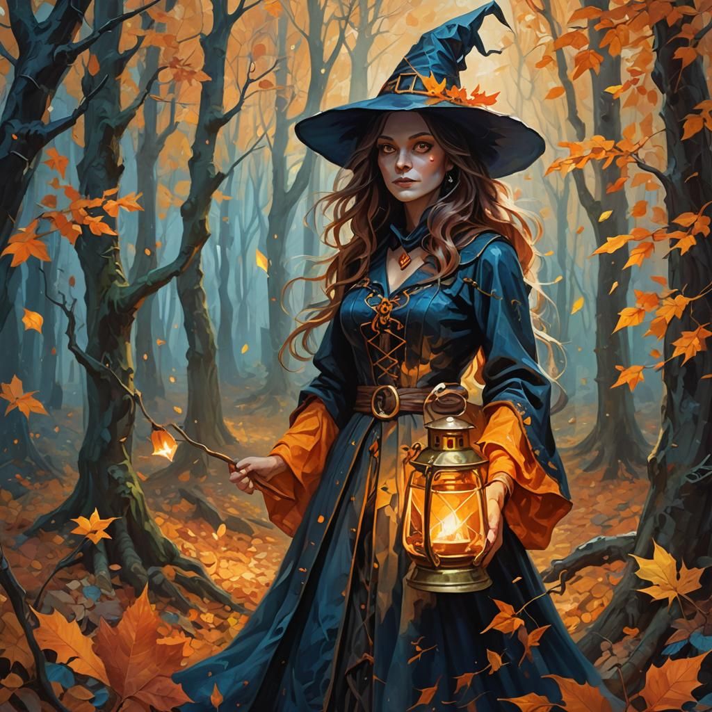 Autumn Witch with Lantern in Vibrant Oil Painting
