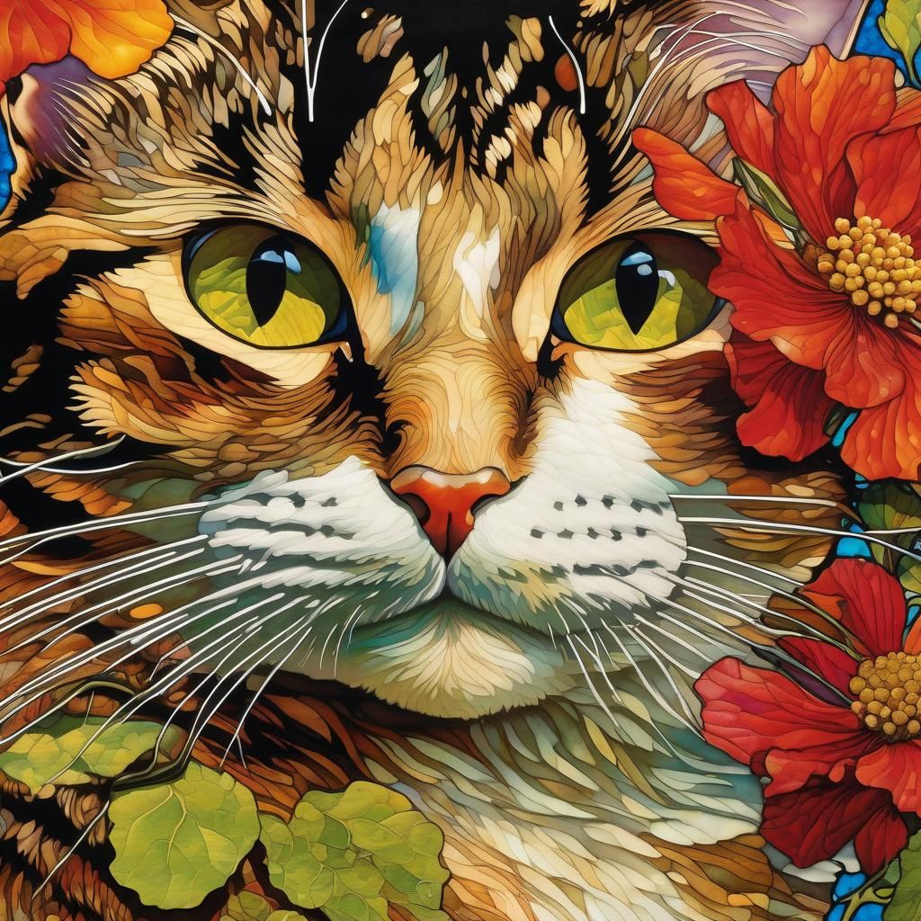 Happy Cat Portrait in Alcohol Ink Style