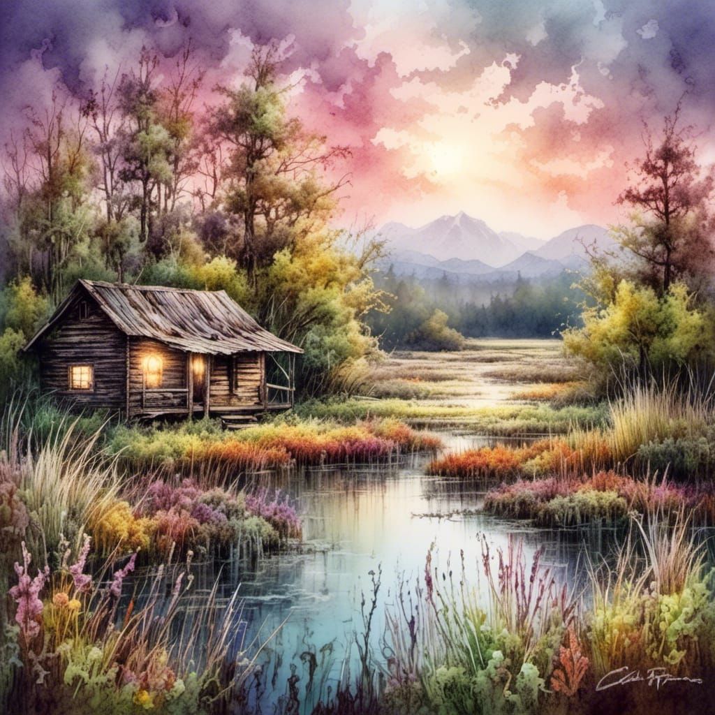 Spring Marsh Watercolor Cabin in Detailed Style
