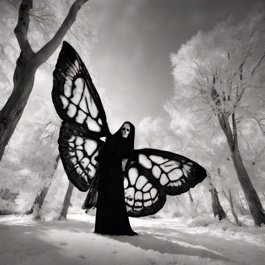 Infrared black and white photography, Jerry Uelsmann, apparition of a female winged skeleton butterfly, Death moth, lum...