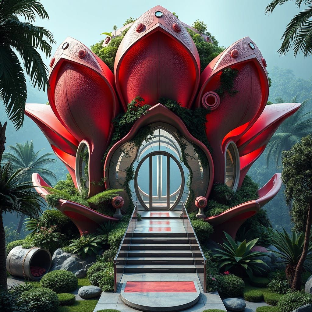 Futuristic Floral Mansion in High-Contrast Detail