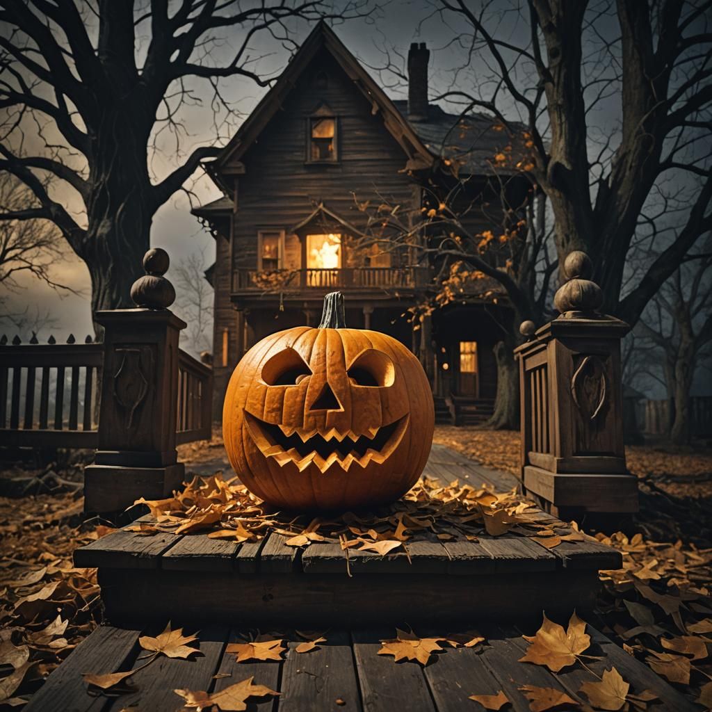 Dramatic Jack-o'-Lantern on Porch in Cinematic Style