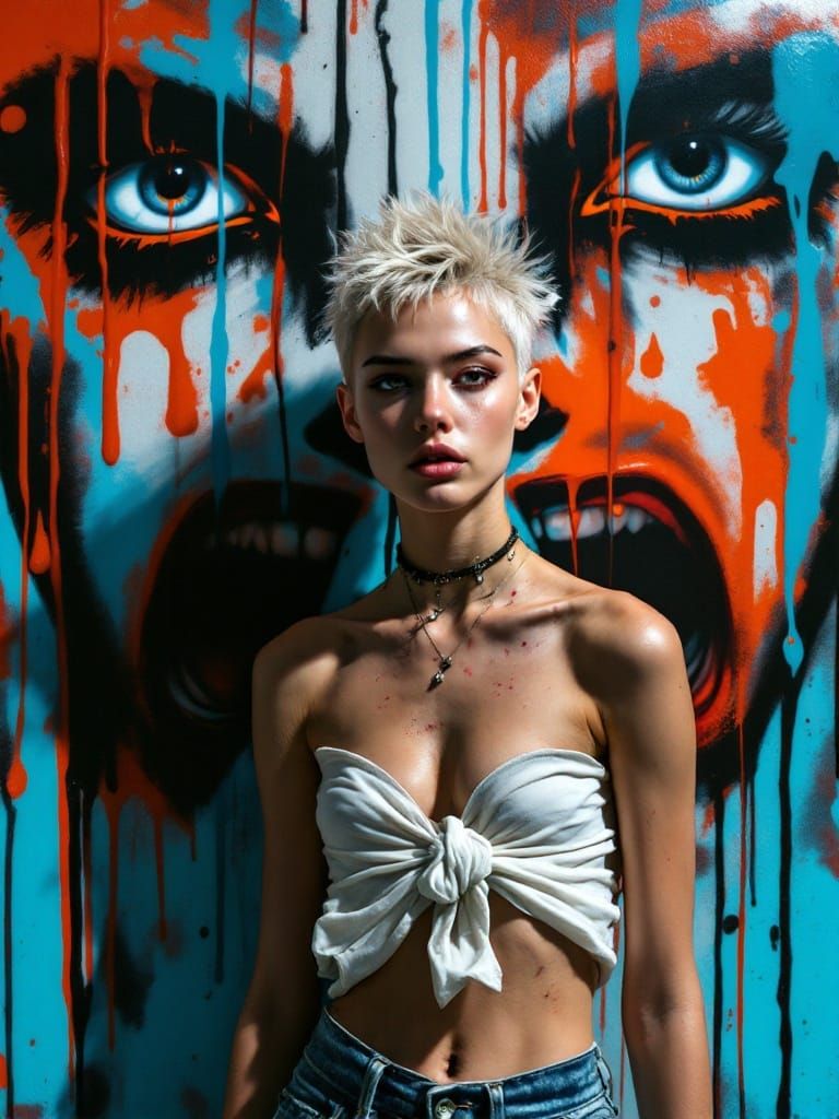 Rebellious Urban Portrait in Neon Graffiti Style