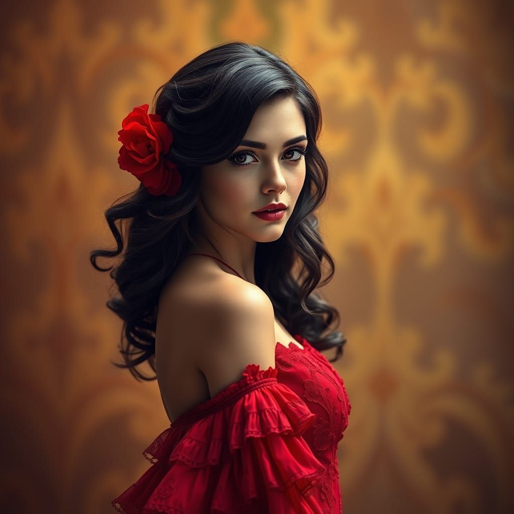 A striking portrait photograph of a woman with long, wavy dark brown hair, styled with loose curls that cascade around h...