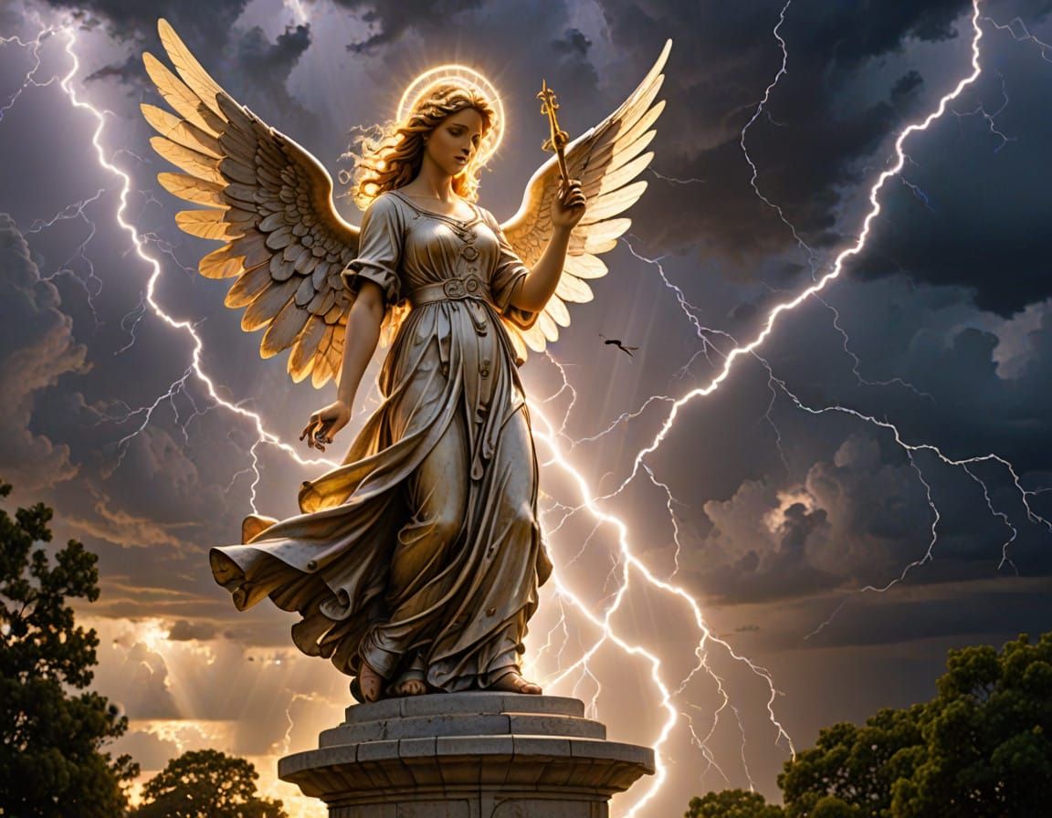 Ethereal Angel Amidst a Sundial of Lightning and Time