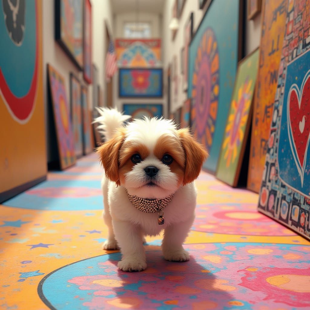 Japanese Chin in an Abstract Art Gallery