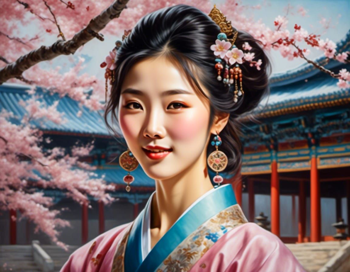 Korean Noble Lady in Palace Courtyard, Oil Painting