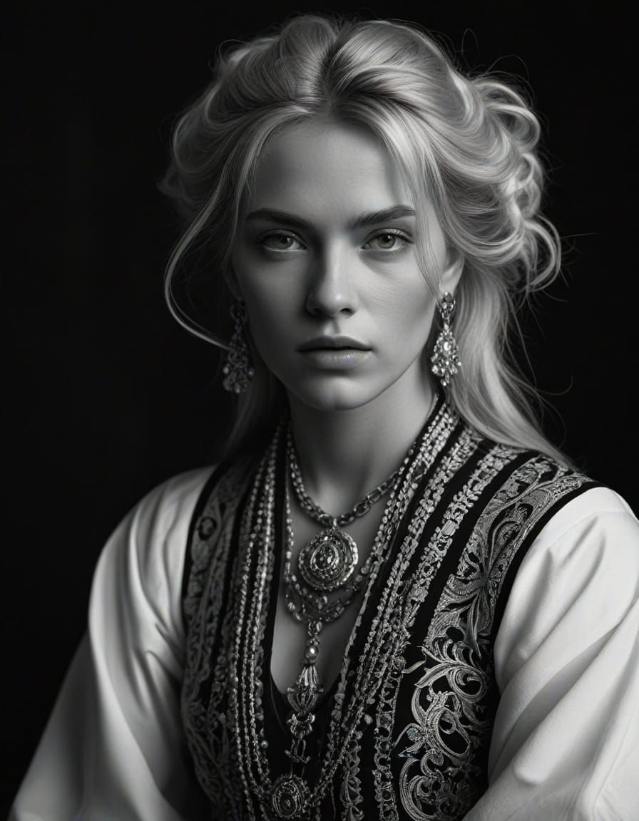 Black-and-white chiaroscuro portrait of a Nordic blonde woman inspired by Caravaggio