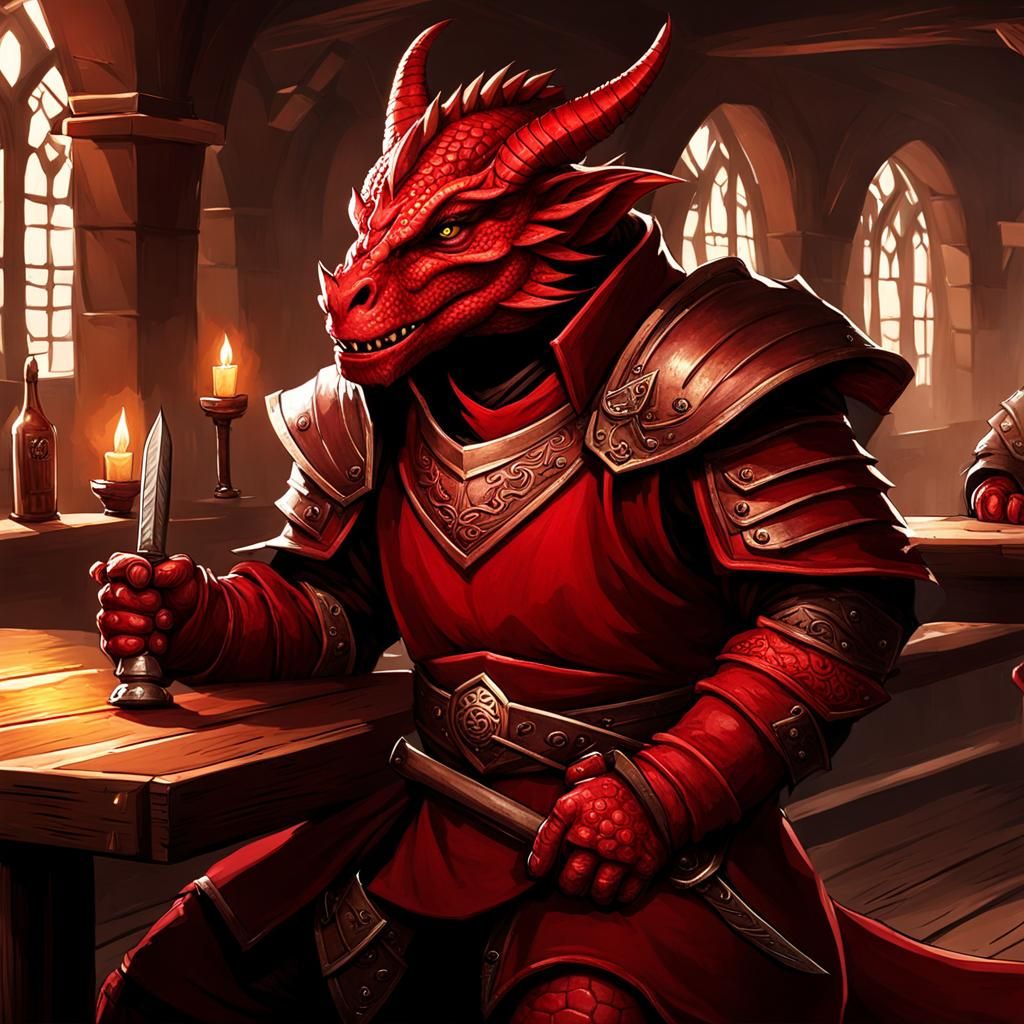 Red Dragonborn Warrior in Tavern with Sword