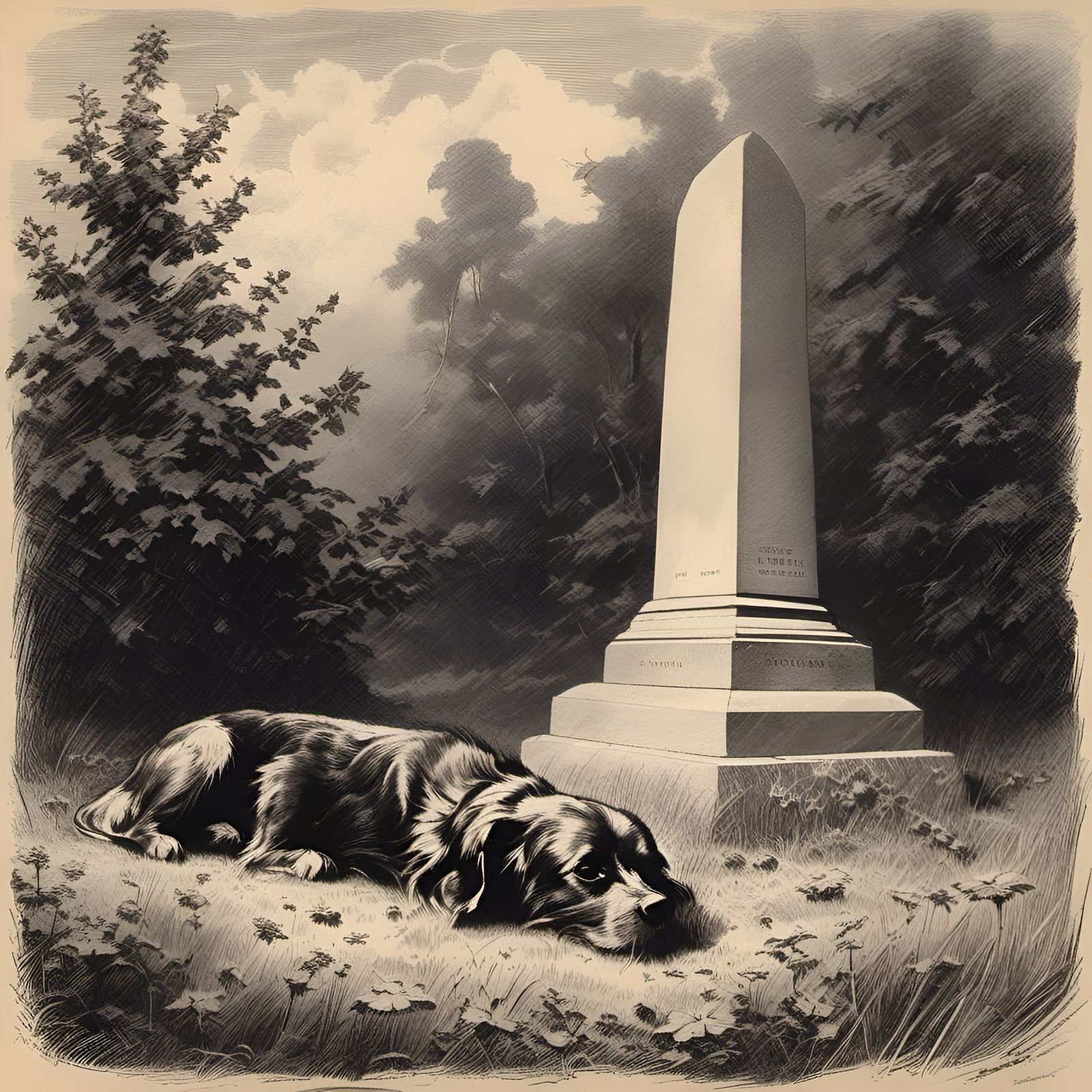 Sorrowful Dog Waits at Grave: Retro Ink Drawing