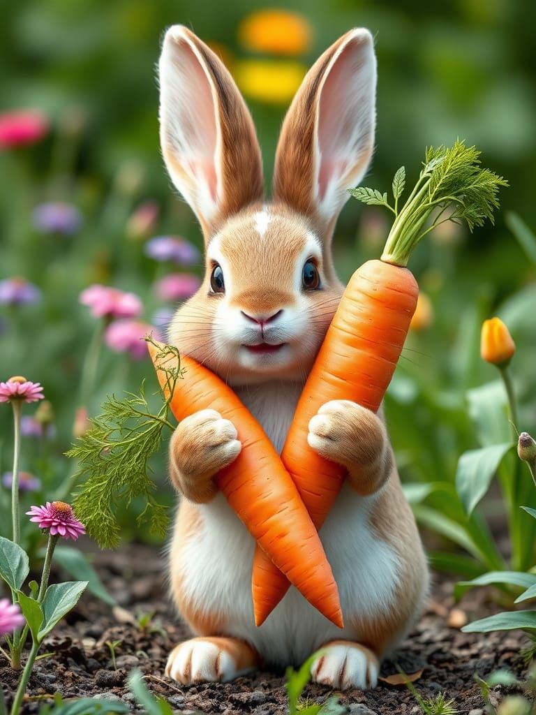 Cute Rabbit with Giant Carrot Smiling in Garden